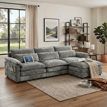 Howcool 113" Modular Sectional Sofa, L-Shaped Cloud Couch with Ottoman, 3-Seat Deep Seat Sofa with Thick Cushions, Chenille Upholstery & Washable Covers for Living Room