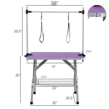 36" Purple Folding Pet Grooming Table with Adjustable Arm, Stainless Steel Dog Cat Grooming Station