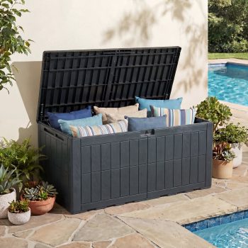 Dextrus 134 Gallon Large Resin Deck Box, Waterproof Outdoor Storage Box, Lockable Patio Container with 2-Person Bench Seating for Cushions, Garden Tools and Pool Accessories