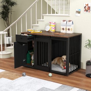 JOIVI 44" Dog Crate Furniture with Sliding Barn Door, Wooden Dog Kennel with Drawer and Storage Cabinet