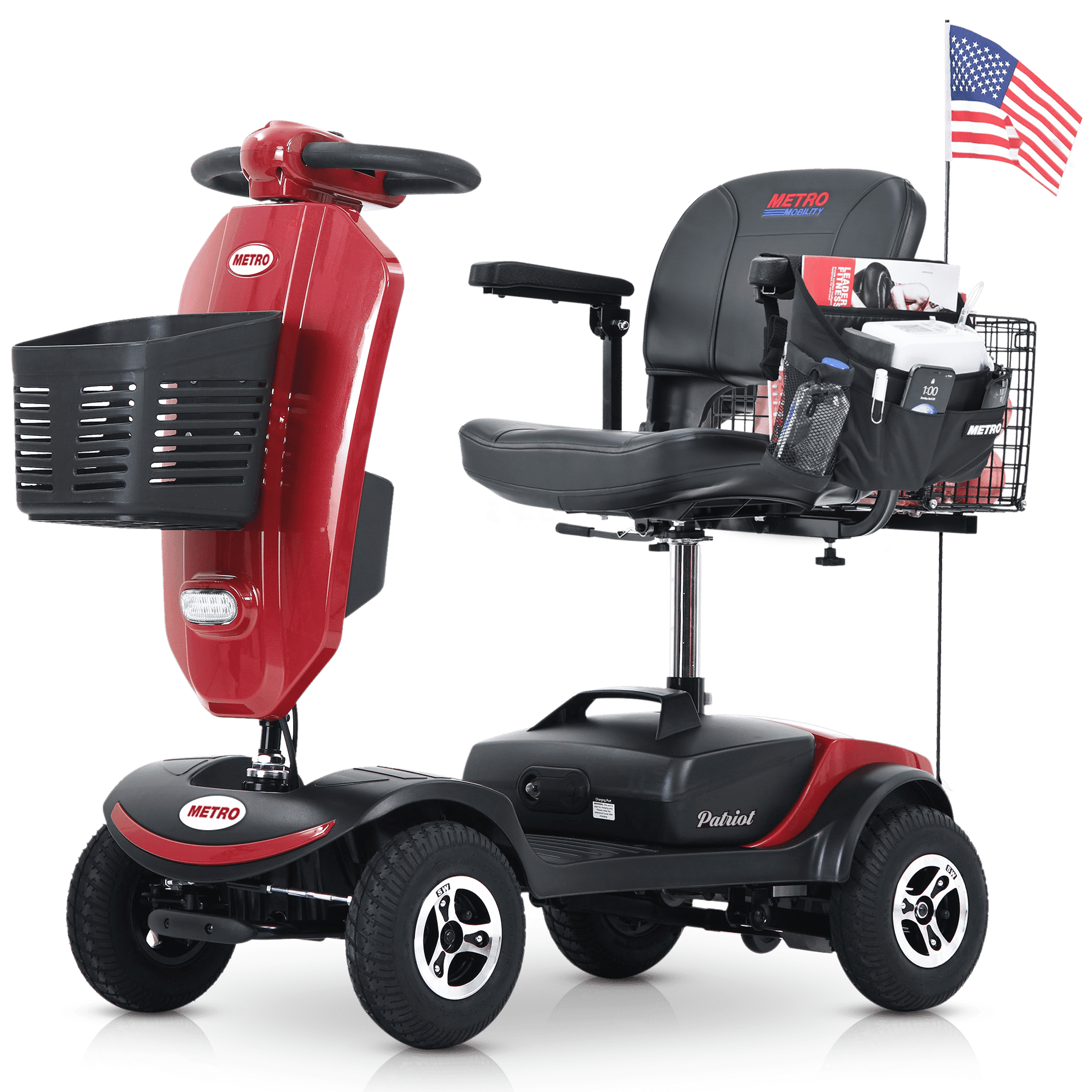 Ndrfhaj Secure Foldable 4-Wheel Mobility Scooter with Charger, Cup Holders, Red, 300 lb Limit