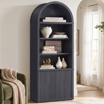 SICOTAS 82.2" Tall Arched Storage Cabinet with Fluted Doors, Large Pantry Cabinet with Adjustable Shelves, Modern 6-Tier Bookcase for Living Room, Home Office, Dining Room