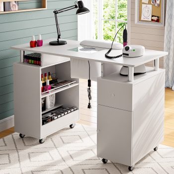 Advwin Manicure Table Nail Desk for Nail Tech with Dust Collector, Wrist Rest, Lockable Wheels, UV Gel Compartment, Storage Cabinet for Home & Salon