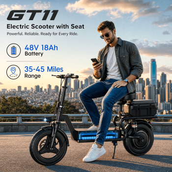 KAZEFLOW GT11, 1500W Peak E‑Scooter for Adults (Age 18+), 48V 18Ah 14" E‑Bike with Seat, 25MPH Max Speed, 35‑45 Miles Range, Wide Pedal, UL2849 Certified