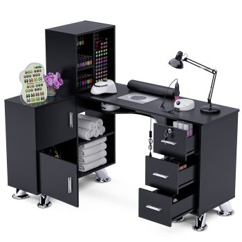 Advwin L-Shaped Manicure Table with Wrist Cushion, Dust Collector, Storage Drawers Cabinets & Shelves, Salon Corner Nail Desk for Nail Tech