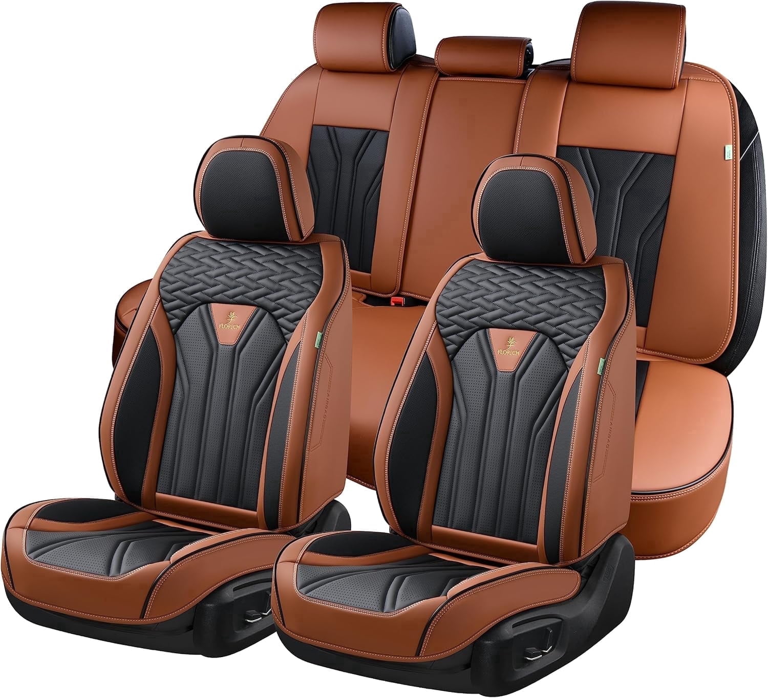 FLORICH Universal Leather Car Seat Cover, Brown Seat Covers for Cars 5 Seats, Waterproof Front and Rear Automotive Seat Cover Fit for Most Sedans SUV Pick-up Truck, Black & Brown
