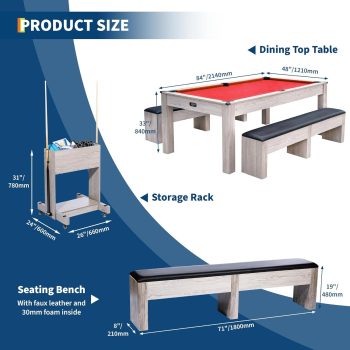 Acekid Pool Table with Dining Top Table Tennis Complete Set with Cues Balls Ping Pong Paddles Net Rolling Storage Caddy