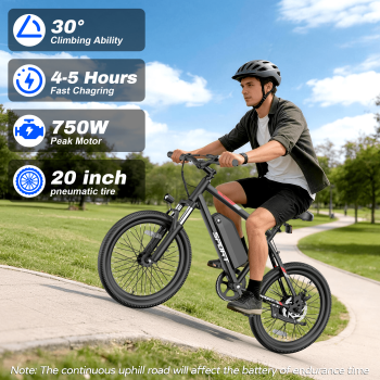 Electric Bike for Adults, 20" E Bike with 3-Speed, 750W Peak Adult Electric Bicycles for Womens & Man Commute, up 30 Miles Removable Battery Ebike, Max 19MPH