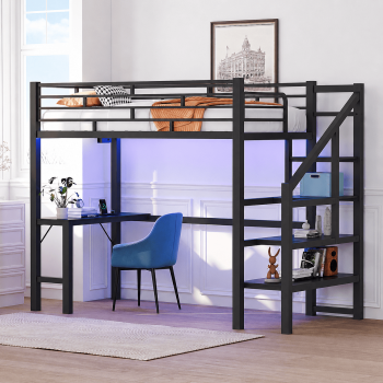 Zimtown Loft Beds with Desk with 15" Height Guardrail, Bunk Bed Frame with Storage Step Ladder Bedroom Dorm Room, Black