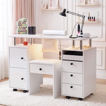 Advwin Rolling Manicure Table Set with Upholstered Storage Stool, Dust Collector & LED Lights, Professional Nail Tech Desk with Wheels, Nail Technician Workstation for Salon or Home Use