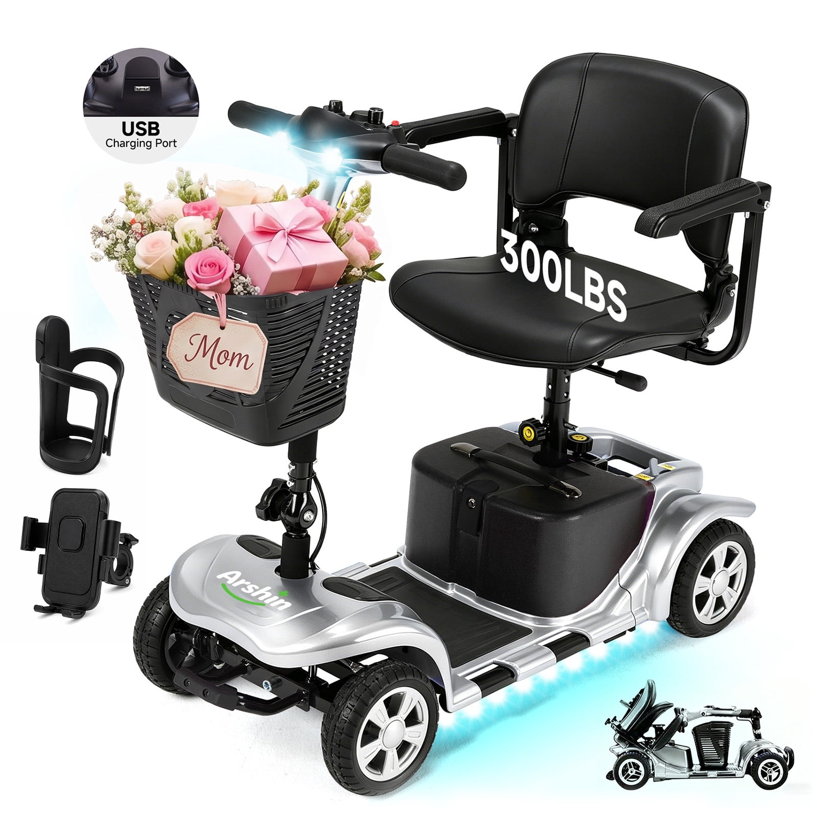 Arshin Mobility Scooter,4 Wheel Mobility Scooter for Adults,Senior,Electric Powered Wheelchair Chargeable Device for Travel