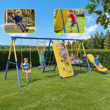 6 in1 Metal Swing Sets,Gardwin Heavy-Duty Outdoor Swing sets for Backyard,Playground,Outside Toys with Climber Net,Climber Wall,Saucer Swing,Wave Slide,Belt Swing,Trapeze Bar for 7 Kids Aged 3-12
