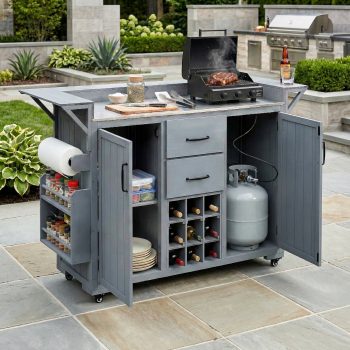 MEETFAV 60.2"W Modern Outdoor Grill Cart with Wheels, Rolling Patio BBQ Kitchen Island with Stainless Steel Top, Spice Rack & Wine Rack, 2 Drawers