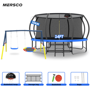 Mersco 14FT Heavy Duty Trampoline with Enclosure Net, Swing Set Outdoor Big Trampoline for Backyard, Kids Trampoline with Basketball Hoop, Kids Birthday and Festival Gifts