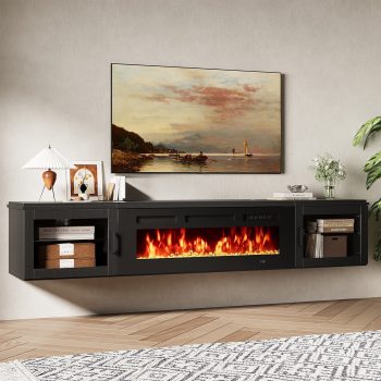Sonegra Floating Fireplace TV Stand for TVs up 80", Wall Mounted Fireplace Entertainment Center, 70" Console Table with Electric Fireplace