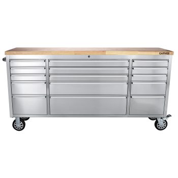 72" Rolling Tool Chest, Garage Steel Tool Cabinet with 15 Drawers and Rubber Wood Work Surface, Mobile Workbench Toolbox Organization with Wheels for Workshop Warehouse