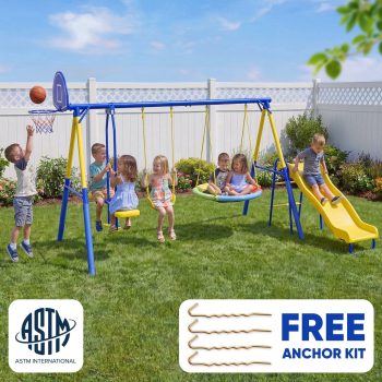 Metal Swing Sets for Backyard,Fashionsport Outfitters Heavy-Duty Outdoor Swing sets for Playground,Outside Toys with Saucer Swing,Glider,Wave Slide,Belt Swing,Basketball Hoop for 7 Kids Aged 3-12