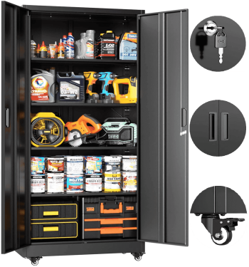 SOLAURA 73 in Metal Storage Cabinet with Wheels, Garage Rolling Cabinet with Locking Doors and 4 Adjustable Shelves, Lockable Tool Storage Cabinets for Garage, Home, Office()