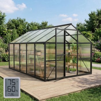WUKHG 8x10FT Heavy-Duty Walk-in Outdoor Greenhouse, Reinforced Aluminum Frame, UV-Resistant Polycarbonate Panels, Built-in Thermometer & Hygrometer, All-Weather Garden Greenhouse