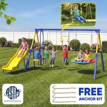 Metal Swing Sets for Backyard,Fashionsport Outfitters Heavy-Duty Outdoor Kids Swing sets for Playground,Outside Toys with Saucer Swing,Glider,Wave Slide,Belt Swing,Trapeze Bar Swing for Aged 3-12