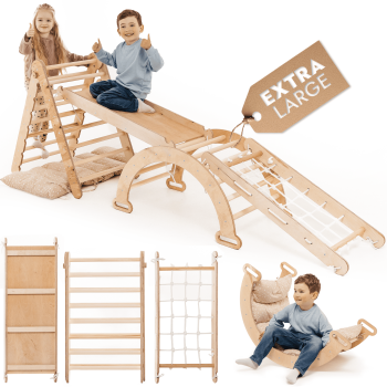 Goodevas 5-in-1 Wooden Montessori Indoor Climbing Frame with Triangle, Arch, Ramp, Net & Cushion, Ages 1-5