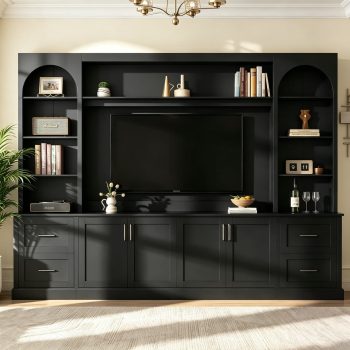 Aukfa 103" W Wall Unit Modern TV Stand for TVs up to 65" - Large Media Entertainment Center with Bookshelves for Living Room, Black