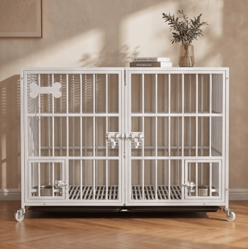 Heavy Duty 42 Inch Metal Dog Crate Cage, Open Top Escape Proof Kennel with Divider, Indoor Dog Cage on Wheels for Large Dog Two Dogs, Includes 2 Trays and Feeding Bowl
