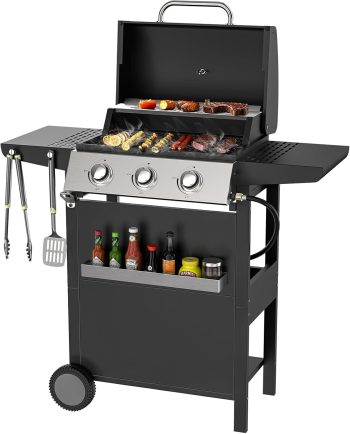 3 Burner Propane Gas Grill, Stainless Steel 36,000 BTU BBQ Grill, Built-in Lid Thermometer, Ideal for Patio Camping Backyard