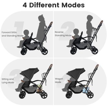 INFANS Double Stroller with Leather Handle, Front Seat 2-Position Recline, Rear Standing Board, 5-Point Harnesses, Dual Rear Brakes and Lockable Front Wheels, Baby Pushchair for Toddlers