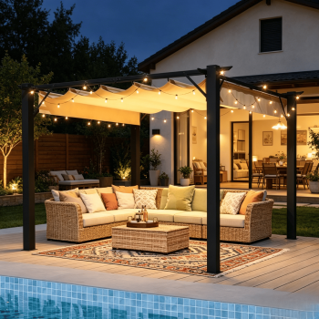 Sunmthink 10'x12' Outdoor Retractable Pergola, with Sun-Proof Canopy, Patio Metal Pergolas Gazebos for Backyards, Gardens, Patios, Beige