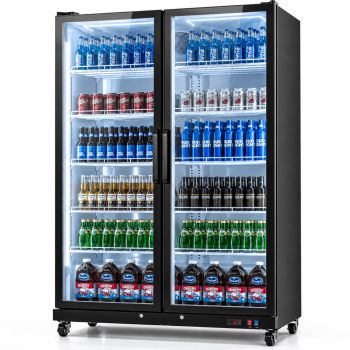 Yeego 37.8 Cu.Ft Commercial Drink Display Cooler, Double Glass Door Beverage Refrigerator with Dual LED, 3250 Temp Control for Bar Restaurant Convenience Store