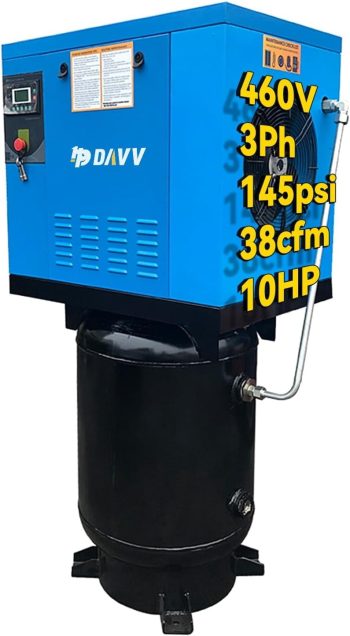 HPDAVV Rotary Screw Air Compressor with Vertical Tank 10HP 460V 150PSI 35CFM | 60-Gallon ASME , Industrial Continuous Duty for Heavy-Duty Manufacturing & High-Voltage Shop Use