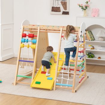 Wohh 9-in-1 Foldable Kids Climbing Frame & Slide, Wooden Toddler Playground with Swing, Monkey Bars, Climbing Rock, Abacus Game – Indoor Outdoor Playset, Natural Wood, 176LBS Capacity