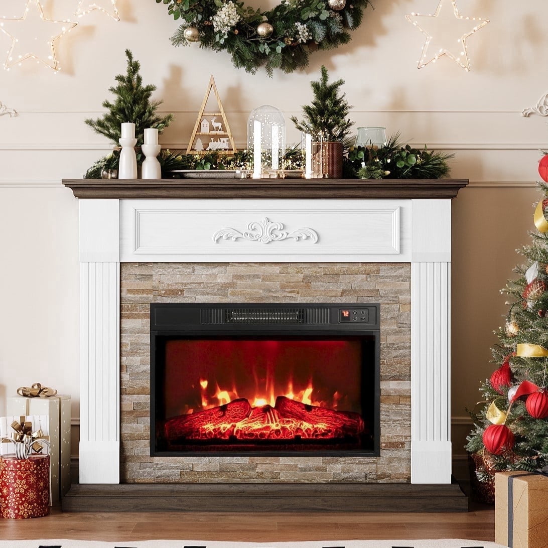 Holliwill 44" Electric Fireplace with Mantel, Free Standing Fireplace Heater with Adjustable LED Flame, 1400W, White Brown