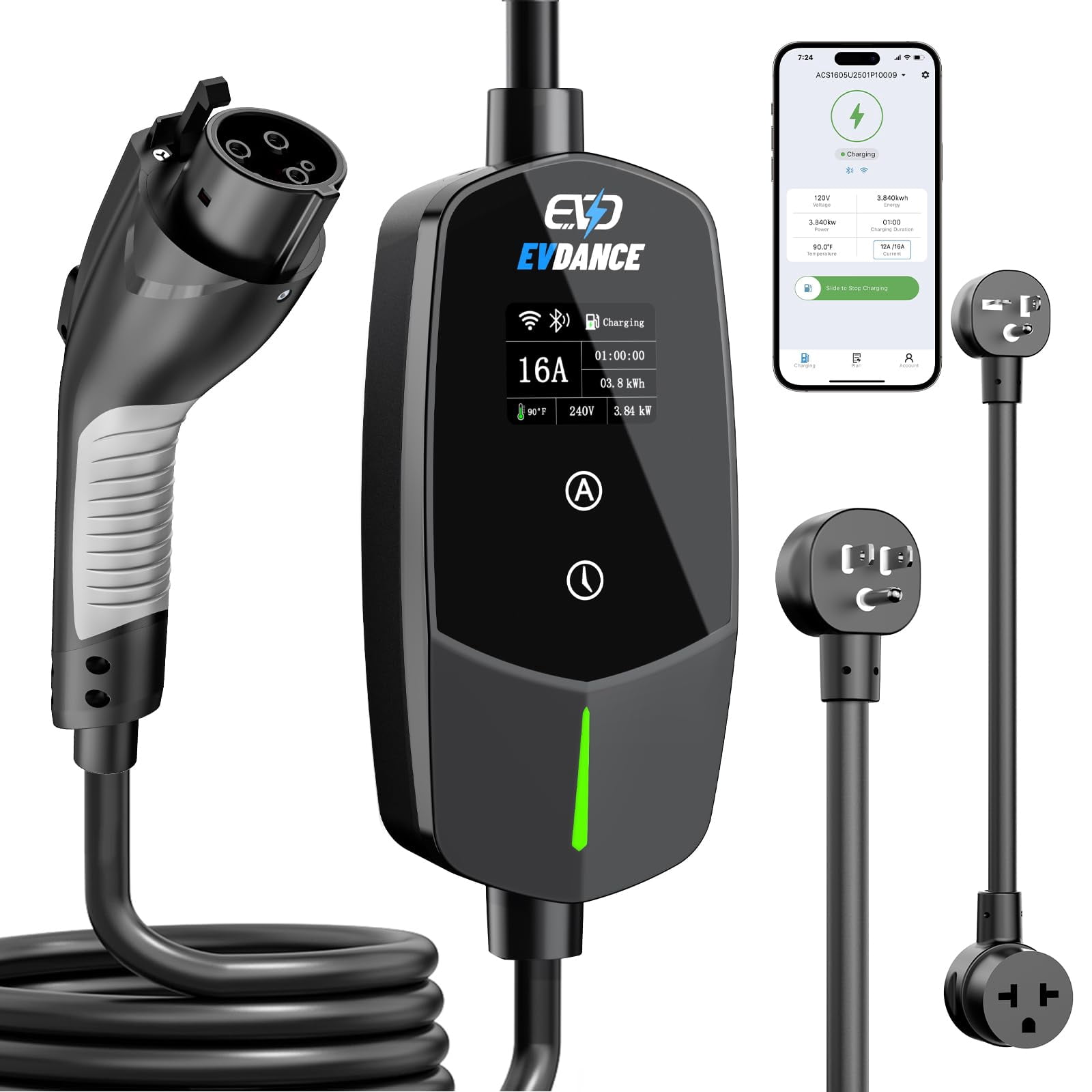 Level 1 & 2 Portable EV Charger (12A/16A), Smart App Control & WiFi/Bluetooth Enabled, 25ft Cable, ETL Listed J1772 EVSE for All EVs & PHEVs (16A Smart | NEMA 5-15 & 6-20 (Standard Home Plug))