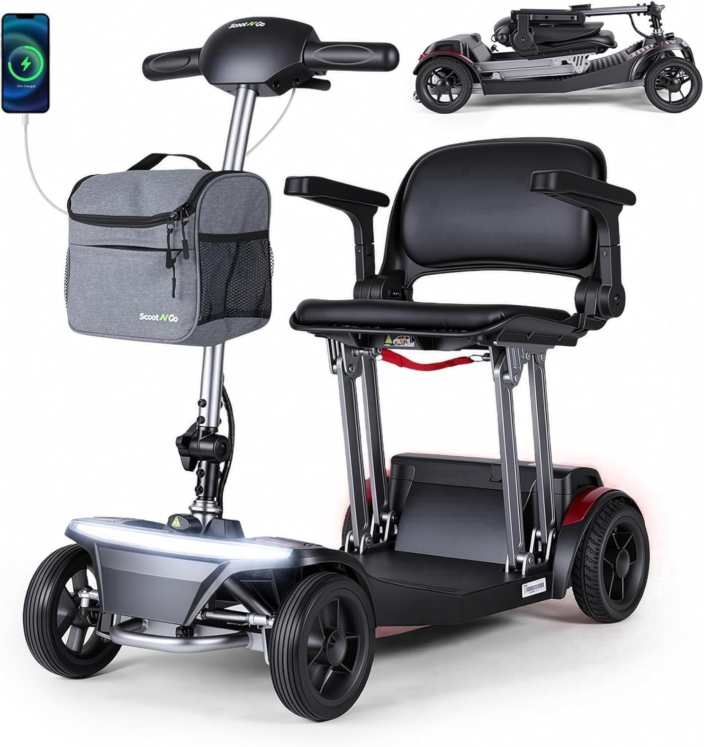 ScootNGo Folo Lightweight Foldable 4-Wheel Mobility Scooter, Black