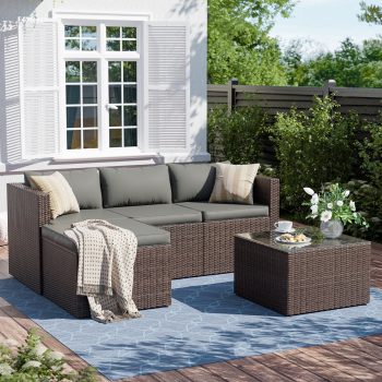 ELPOSUN 5-Piece Patio Furniture Set,Patio Conversation Set All-Weather Wicker Outdoor Sectional Sofa Set with Table & Cushions, Grey