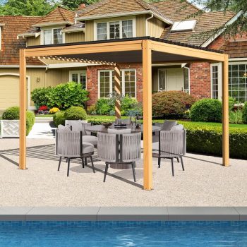 Domi Outdoor Living 10x10FT Louvered Pergola with Adjustable Steel Roof, Durable Metal Frame, Efficient Drainage System for Backyard, Garden and Lawn