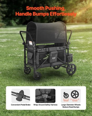 VEVOR Wagon Stroller for 4 Kids, Push Pull Quad Collapsible Stroller with Adjustable Handle, Safety Harness & Removable Canopy, 4-Seater Stroller Wagon for Camping, Dark Gray & Black (330LBS Loading)
