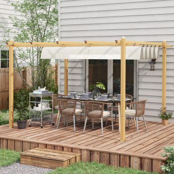 Outsunny Outdoor Retractable Pergola, Heavy Duty Wood Grain Aluminum with Weather Resistant Fabric Sun Shade Canopy, Patio Shelter, Cream