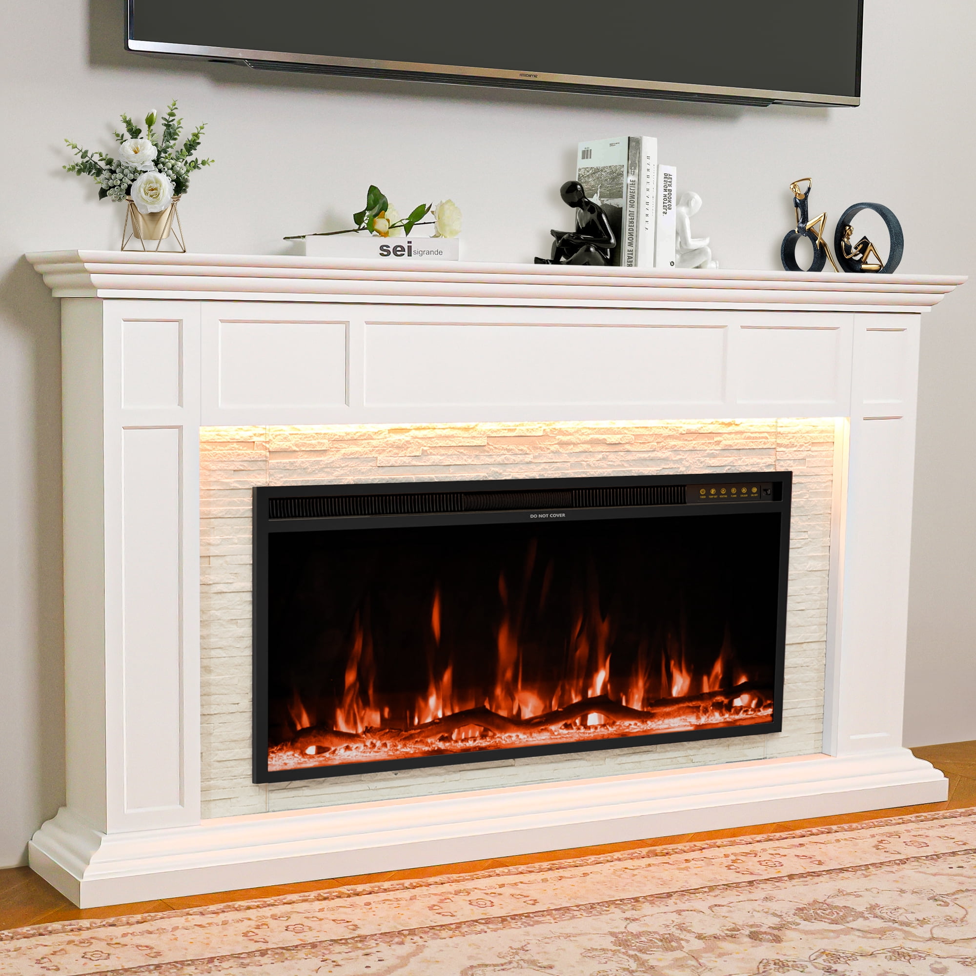 70 Inch Electric Fireplace with Mantel, Faux Stone Media Console with 42" Heater, 15 LED Colors & 12 Flame Effects, Remote, 750/1500W, for Living Room Bedroom