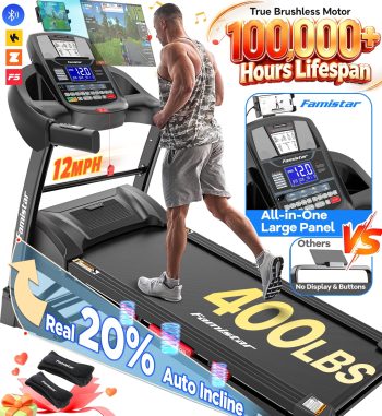 12MPH Folding Treadmill with 20% Auto Incline, 300-400 LB Capacity, Treadmills for Home Running Walking, 5.1HP Brushless Motor, Foldable Electric Treadmill Running Machine with APP & Bluetooth