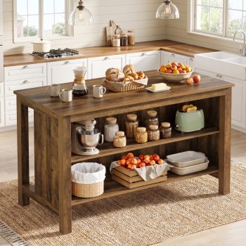Fnova 59" Large Kitchen Island with Storage and Seating, 3-Tier Farmhouse Stationary Island Table, Counter Height Coffee Bar Table