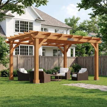 Jocisland Outdoor Wooden Pergola, Large Solid Cedar Pergola Kit with Slatted Roof Design, Heavy-Duty Frame for Backyard, Red-Brown Finish