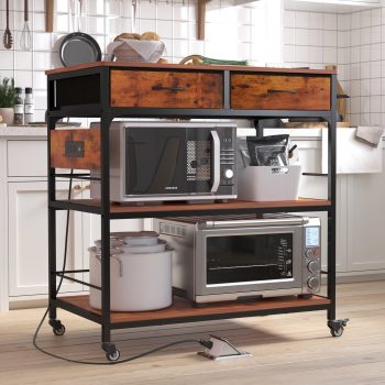 NAIYUFA Rolling Kitchen Cart with Power Outlet, 3-Tier Microwave Stand with 2 Drawers and Casters, Rustic Brown