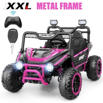 Funcid Metal Frame 24 Volt Ride on Toys, 2-Seater Ride on Cars with Remote Control, Electric Car for Kids, Power UTV Wheels with Key Start, Storage Bag, Bluetooth, Music, Spring Suspension