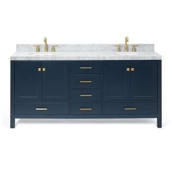 DKB Beckford 72-Inch Double Bathroom Vanity with Sink, 2-Inch Italian Carrara Marble Countertop & Backsplash, Oval Sinks, 4 Soft Closing Doors, 6 Dovetail Drawers, Brushed Nickel