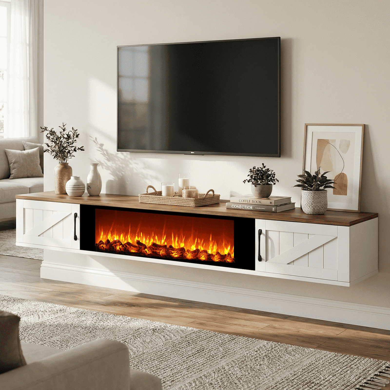 Flictozena 70'' Floating TV Stand with 36" Electric Fireplace, 2 Tier Wall Mounted TV Stand for TVs up to 80'', Floating Entertainment Center, TV Floating Cabinet for Living Room, Bedroom