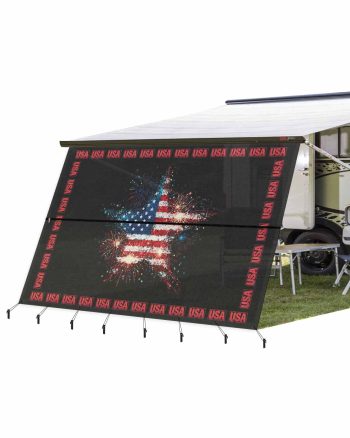4th of July RV Awning Sun Shade Screen 9'X15.3' 250 Years USA Mesh Sunscreen Patriotic Star Flag Fireworks Awning Shade Screen with Zipper UV Blocker Completed Kits for RV Motorhome Camper Trailer