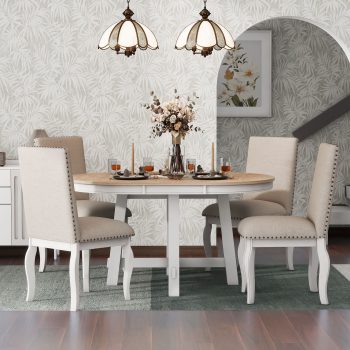 Bellemave 5-Piece Round Dining Table Set, Wood Farmhouse Extendable Dining Table and 4 Upholstered Dining Chairs, Kitchen Dining Table Set for 4 ()